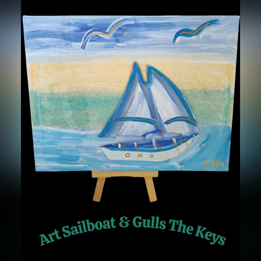 Art Mini Hand Painted "Sailboat & Gulls on  Keys " Size 8 X 6" Canvas only